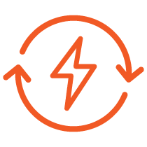 orange line icon of a lightening bold with circular arrows around it