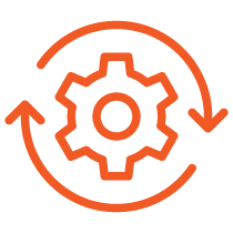 orange line icon of a gear with circular arrows around it