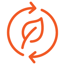 orange line drawing of a leaf with a circular arrow pointing down on the left and a circular arrow pointing up on the right